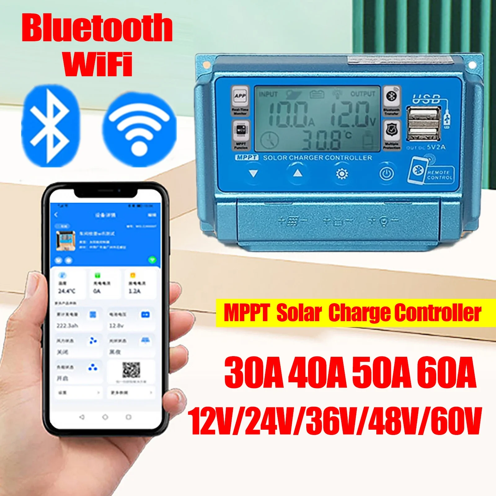 Drone Solar Charger - 12V24V36V48V60V 30A/40A/50A/60A pantalla Digital LCD de